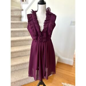 Plum Purple Pleated Ruffle Trim Sleeveless Knee Length Cocktail Dress